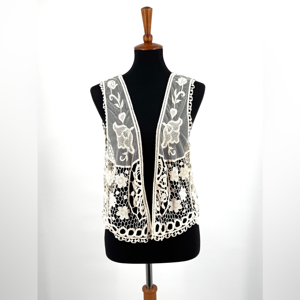 Great Northwest Indigo Floral Cream Cotton Blend Lace Vest Size L